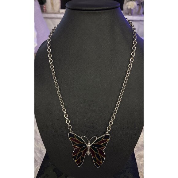 Silver Butterfly Suncatcher Necklace With Red & Green Stained Glass Design On Ch - Picture 1 of 12